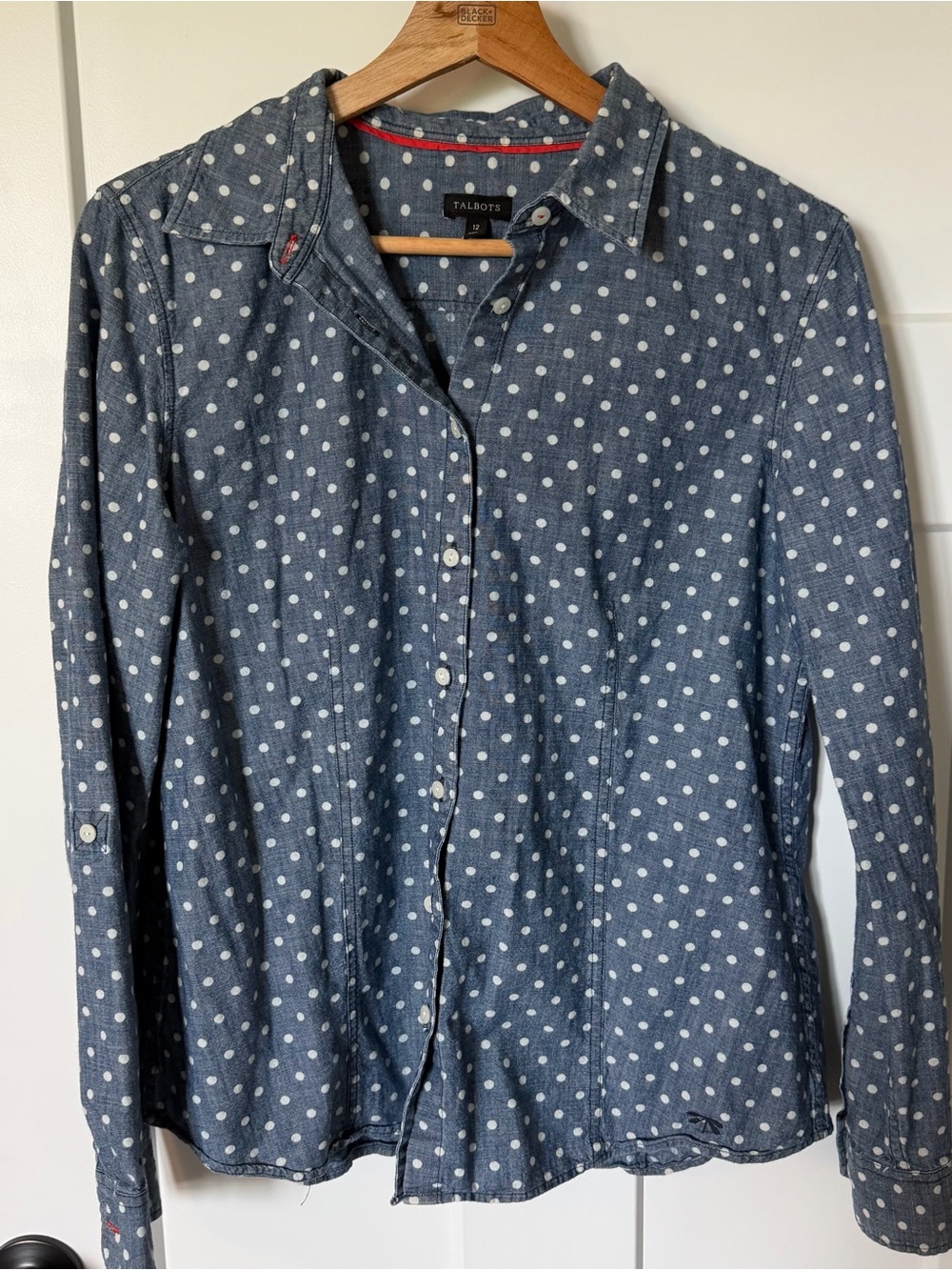Talbots Blue Denim Polka Dot Button-Up Shirt Womens 12 EUC Cotton Casual